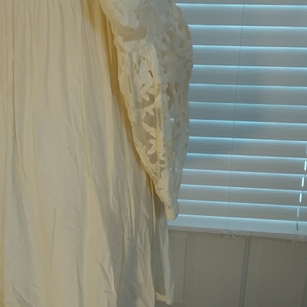 Xhilaration Cream Babydoll Mini Dress Size M V Neck Embroider Bodice Sleeves - Picture 7 of 13